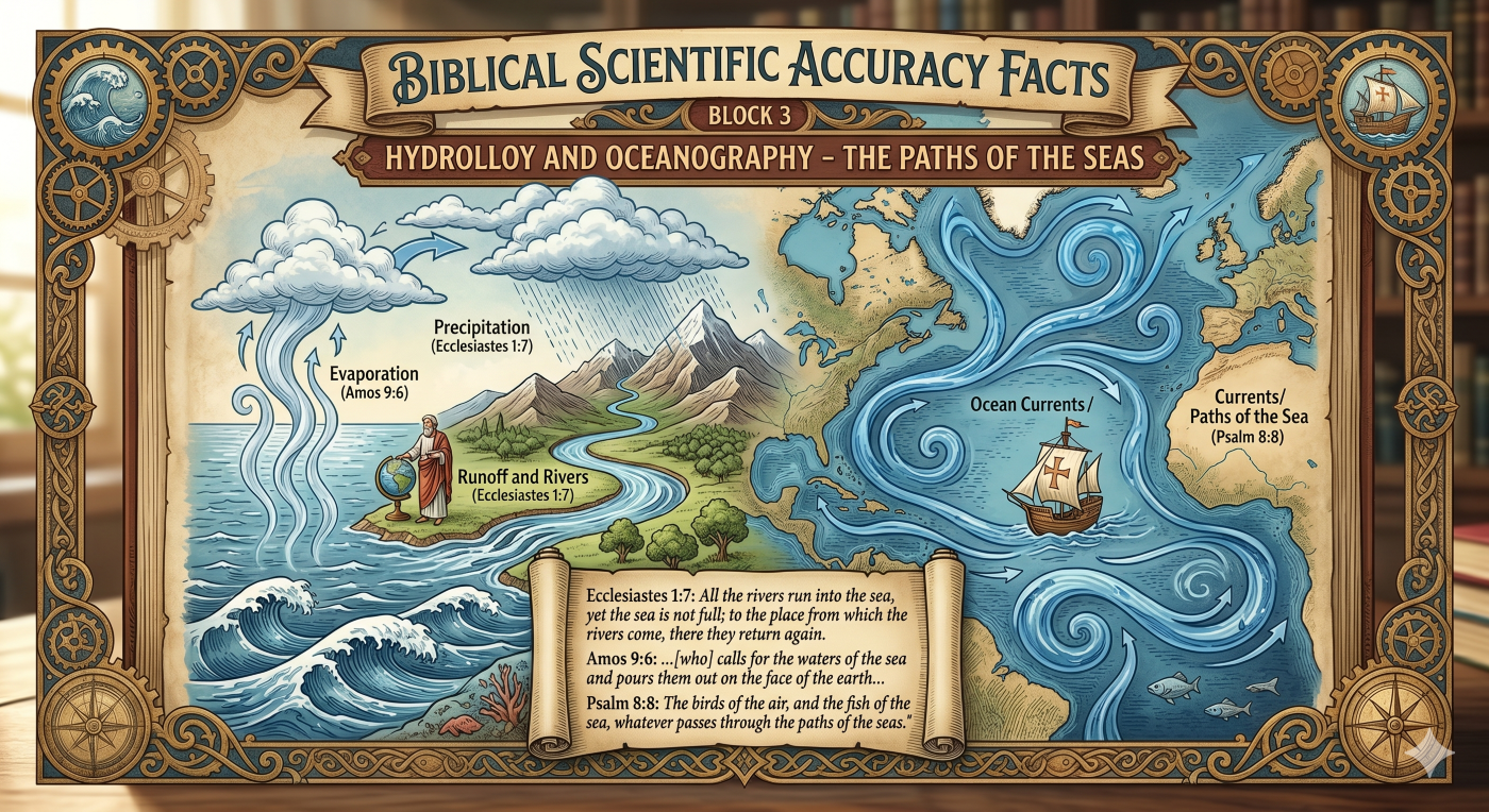 An intricate infographic illustration from anunseenworld.com, titled "BIBLICAL SCIENTIFIC ACCURACY FACTS," focusing on hydrology and oceanography based on Block 3 content. The central open book with a calligraphic cross details the "HYDROLLOY AND OCEANOGRAPHY - THE PATHS OF THE SEAS" section. The corresponding illustration displays a dynamic water cycle showing water rising as vapor, forming clouds, and raining down to flow back to the sea as runoff and rivers (Ecclesiastes 1:7 and Amos 9:6), and a separate illustration of massive, swirling blue ocean currents creating distinct path in the sea (Psalm 8:8), with an early-modern sailing ship with an unfurled sail featuring a simple cross navigating one of these "Paths of the Seas." Ancient navigational tools like a brass compass and a quill rest on the wooden table.