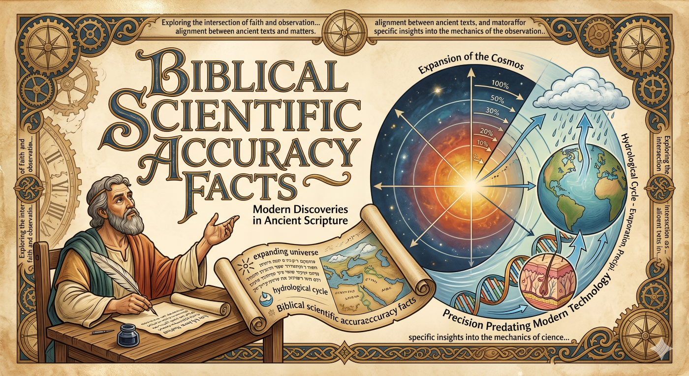 An illustrative graphic titled 'Biblical Scientific Accuracy Facts' showing an ancient scribe writing on parchment alongside modern scientific diagrams of an expanding universe, the hydrological cycle, and DNA structures, bridging ancient scripture with modern discovery
