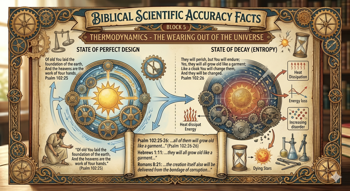 An educational infographic from anunseenworld.com titled "BIBLICAL SCIENTIFIC ACCURACY FACTS," illustrating Block 5: "THERMODYNAMICS – THE WEARING OUT OF THE UNIVERSE." The graphic depicts the contrast between a "STATE OF PERFECT DESIGN" and a "STATE OF DECAY (ENTROPY)." On the left, a vibrant sun and orderly golden gears represent the initial creation (Psalm 102:25). An arrow points to the right side, showing "Increasing Disorder," "Energy Loss," and "Heat Dissipation," represented by rusted, broken gears and a fading sun. The bottom features an open scroll with scriptures from Psalm 102:25-26, Hebrews 1:11, and Romans 8:21, describing the heavens and earth "growing old like a garment." Supporting scientific symbols include an hourglass, dying stars, and laboratory glassware.