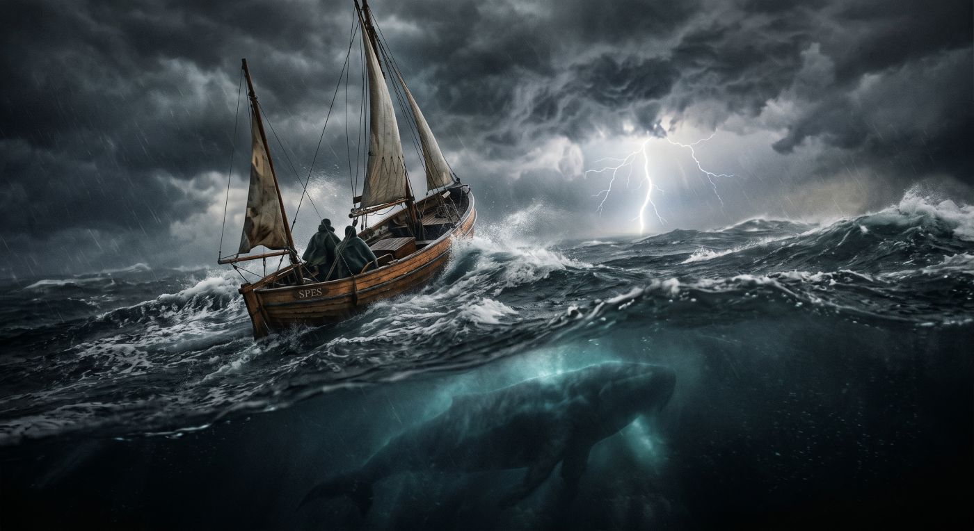 A dramatic, cinematic split-level view of a wooden sailboat named 'SPES' struggling in a rough, storm-tossed ocean under a dark, cloudy sky with distant lightning. Two cloaked, hunched figures are in the boat. An ethereal blue-green light glows from below the boat, revealing the large, shadowy underwater silhouette of a mysterious, massive sea creature moving beneath the waves. The image has a painterly, textured realism. A dramatic, cinematic split-level view of a wooden sailboat named 'SPES' struggling in a rough, storm-tossed ocean under a dark, cloudy sky with distant lightning. Two cloaked, hunched figures are in the boat. An ethereal blue-green light glows from below the boat, revealing the large, shadowy underwater silhouette of a mysterious, massive sea creature moving beneath the waves. The image has a painterly, textured realism.