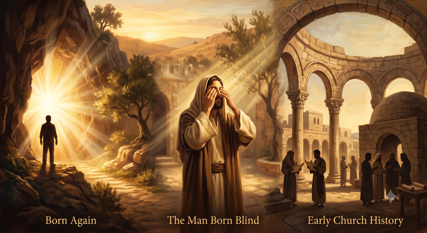A three-panel triptych illustration rendered in warm, antique colors. The first panel, titled "Born Again," shows a person standing in a cave looking at a brilliant burst of light. The second panel, "The Man Born Blind," depicts Jesus covering a blind man's eyes while divine light shines. The third panel, "Early Church History," illustrates early Christians studying and gathering in Roman arches.