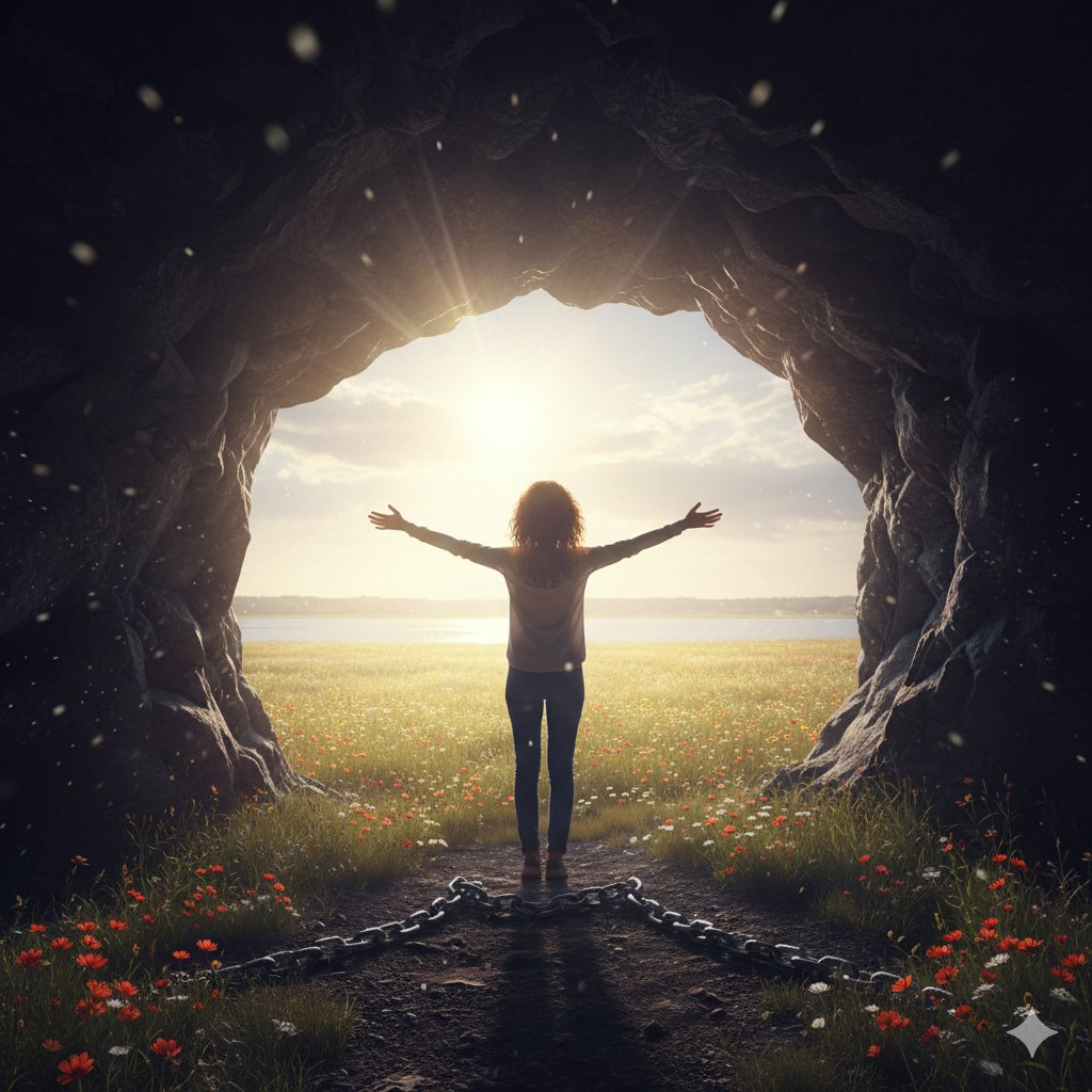 Symbolic representation of spiritual deliverance: a believer stepping out of darkness and broken chains of sin into the light of God's grace