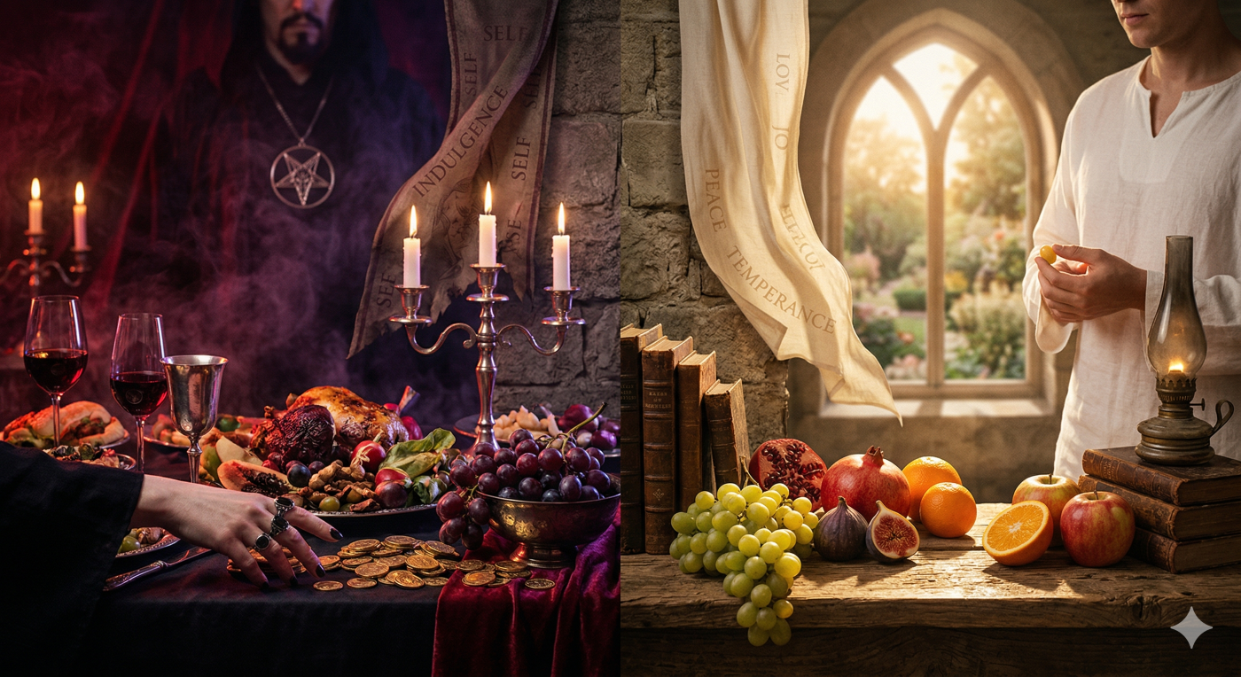 A split photograph against a textured stone wall: the left side shows chaotic, dark, carnal indulgence with a rich feast, gold coins, and a hooded figure; the right side shows heavenly serenity with vibrant, natural fruits like grapes and pomegranates on a rustic, sunlit shelf.