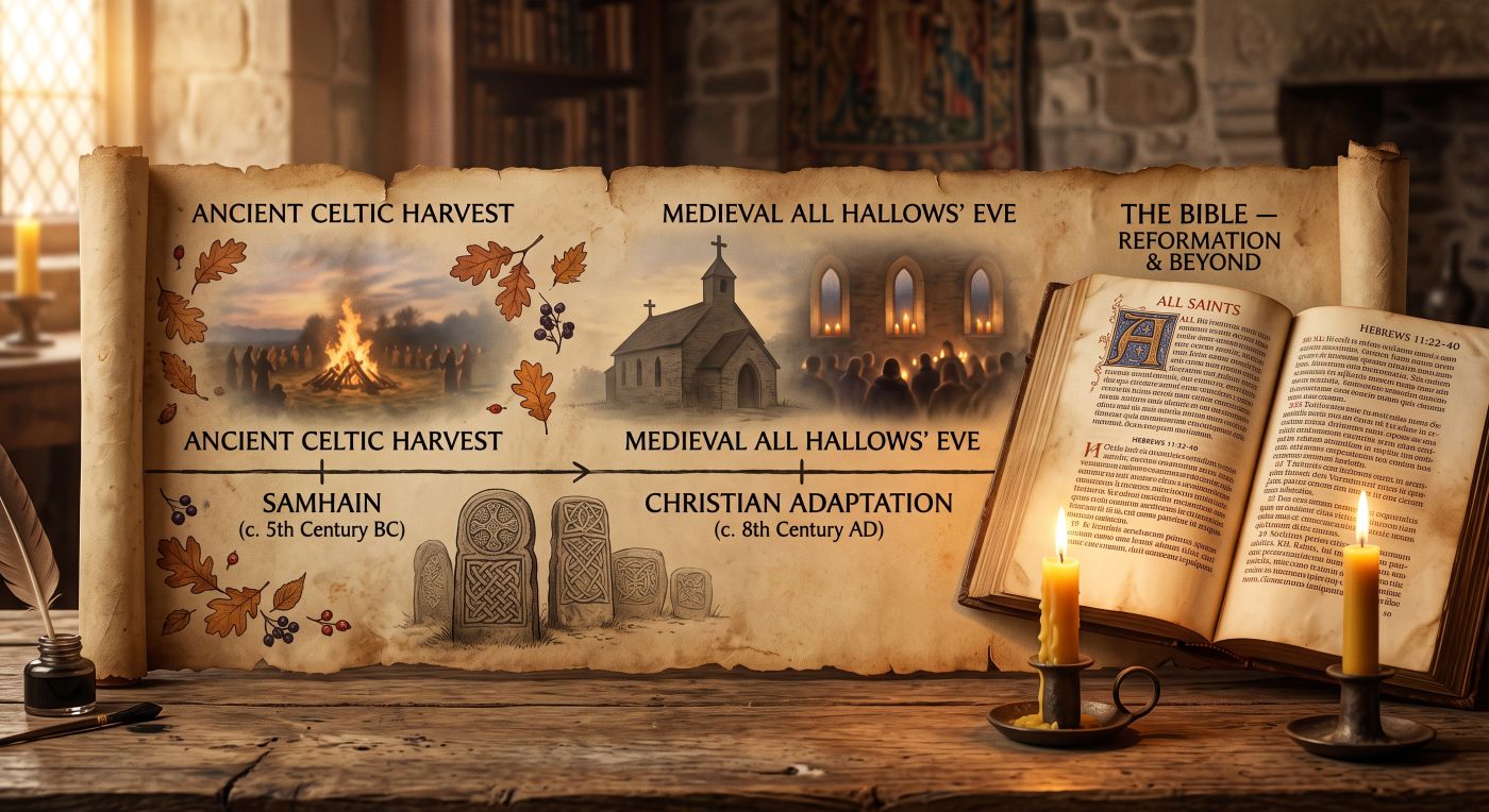 An unrolled parchment timeline displaying the historical transition from Ancient Celtic Harvest Samhain traditions on the left, to Medieval All Hallows’ Eve church imagery in the middle, culminating in an illuminated open Bible on the right. An unrolled parchment timeline displaying the historical transition from Ancient Celtic Harvest Samhain traditions on the left, to Medieval All Hallows’ Eve church imagery in the middle, culminating in an illuminated open Bible on the right.