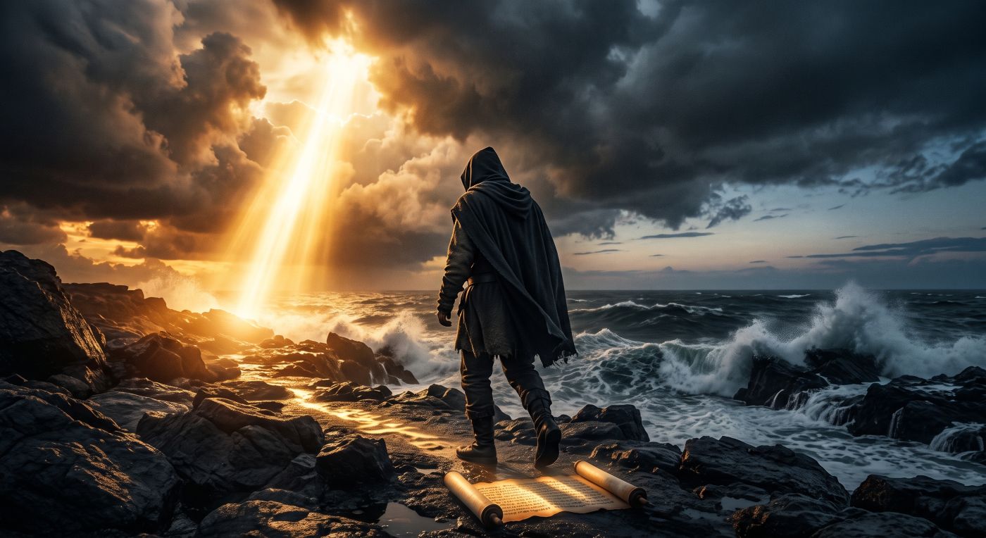 A back view of a person in a dark hooded cloak walking away from a bright beam of sunlight and a glowing scroll at their feet, moving instead toward a dark, stormy sea crashing on jagged rocks. A back view of a person in a dark hooded cloak walking away from a bright beam of sunlight and a glowing scroll at their feet, moving instead toward a dark, stormy sea crashing on jagged rocks.