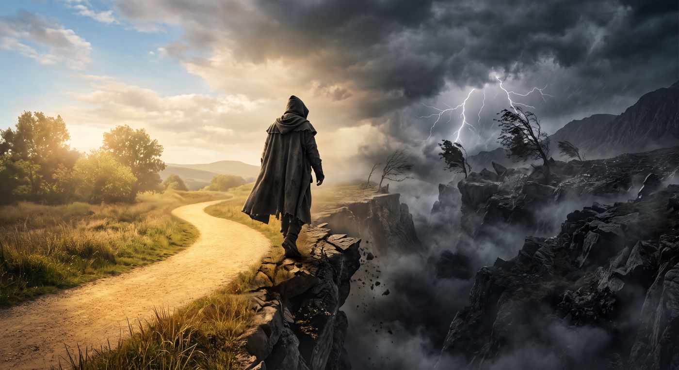A wide-angle landscape photograph split into two contrasting halves. The left side features a bright, winding dirt path leading through a sunlit, grassy meadow. The right side is a dark, rocky chasm with a fierce storm, lightning flashes, and dark clouds. A single figure in a long, tattered, hooded cloak is walking along the cliff edge where the two sides meet. A wide-angle landscape photograph split into two contrasting halves. The left side features a bright, winding dirt path leading through a sunlit, grassy meadow. The right side is a dark, rocky chasm with a fierce storm, lightning flashes, and dark clouds. A single figure in a long, tattered, hooded cloak is walking along the cliff edge where the two sides meet.