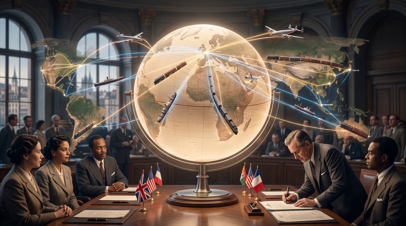 A 1940s-style conceptual illustration shows diplomats around a conference table signing documents in a large hall, featuring a large illuminated globe displaying early global trade connections with airplanes, ships, and trains, with small flags and an audience in the background.