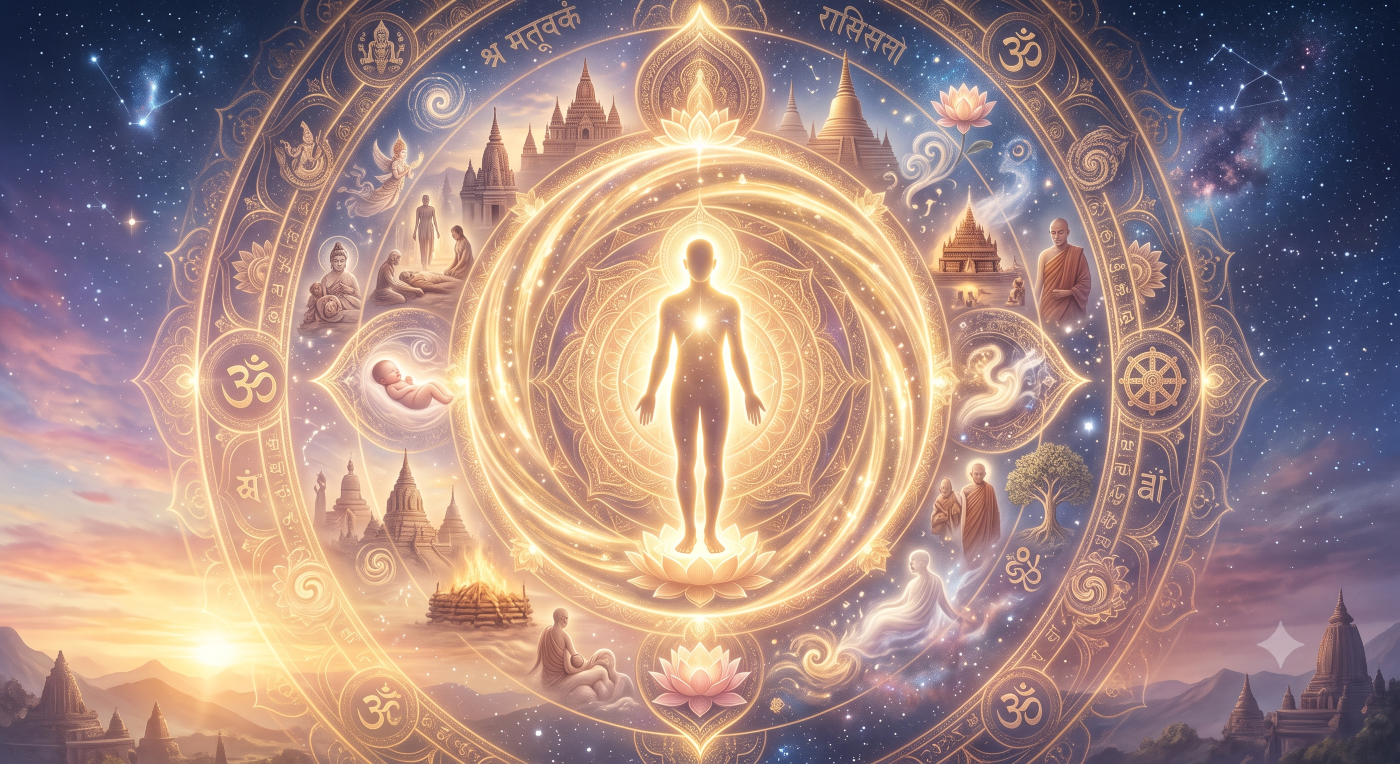 A glowing human silhouette standing at the center of an intricate, luminous cosmic mandala. Swirling rings of golden light feature symbols of death and rebirth, lotus flowers, and ancient temple architecture against a backdrop of deep blue space and soft sunrise colors.