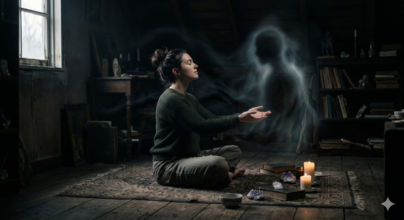 A person sitting cross-legged in a dimly lit room attempting to channel a spirit guide while a deceptive, shadowy mist forms behind them.