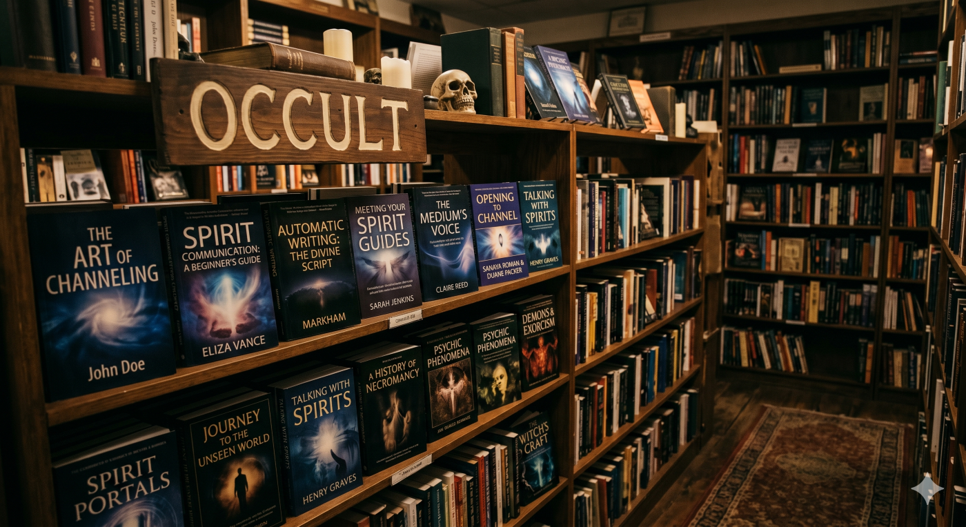 A bookstore shelf labeled Occult filled with books about the dangers of channeling, spirit guides, and automatic writing.