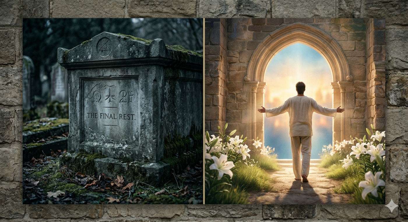 A split photograph on a textured stone background: the left side shows a dark, weathered stone crypt in a mossy cemetery, symbolizing the finality of the grave; the right side shows a radiant, welcoming pathway lined with lilies and an ancient stone archway glowing with golden light, representing eternal life and hope.