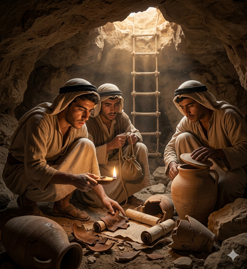 Two Bedouin shepherds discover the first Dead Sea Scrolls inside a dim Qumran cave. One shepherd holds a small lamp, illuminating a large, unbroken ceramic jar and fragments of ancient scrolls lying on the dusty ground.