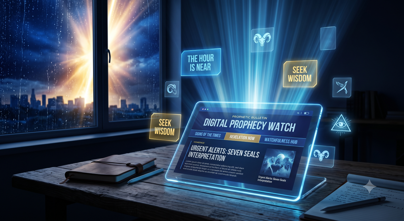 A high-contrast, futuristic scene in a dark room where a glowing digital tablet on a wooden desk displays a stylized website titled "Digital Prophecy Watch." Radiant blue-white light beams upward from the screen, surrounded by floating, translucent holographic panels with text like "THE HOUR IS NEAR" and "SEEK WISDOM." In the background, a dramatic golden light splits the sky outside a rainy window overlooking a distant city skyline. A high-contrast, futuristic scene in a dark room where a glowing digital tablet on a wooden desk displays a stylized website titled "Digital Prophecy Watch." Radiant blue-white light beams upward from the screen, surrounded by floating, translucent holographic panels with text like "THE HOUR IS NEAR" and "SEEK WISDOM." In the background, a dramatic golden light splits the sky outside a rainy window overlooking a distant city skyline.