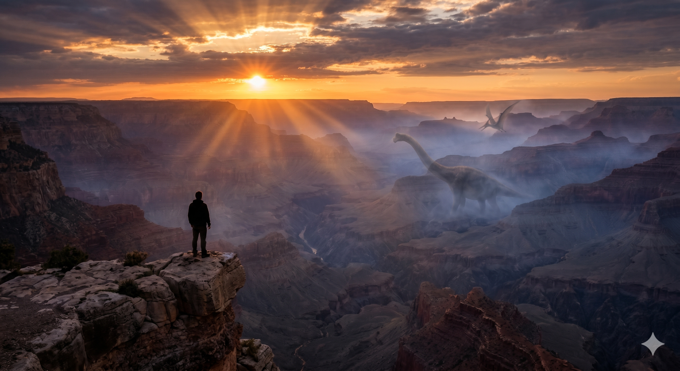 A majestic sunset over a deep canyon where a solitary human silhouette stands on a rocky cliff watching faint, ethereal shapes of a massive sauropod dinosaur and a soaring pterodactyl fade into the misty valley. A majestic sunset over a deep canyon where a solitary human silhouette stands on a rocky cliff watching faint, ethereal shapes of a massive sauropod dinosaur and a soaring pterodactyl fade into the misty valley.
