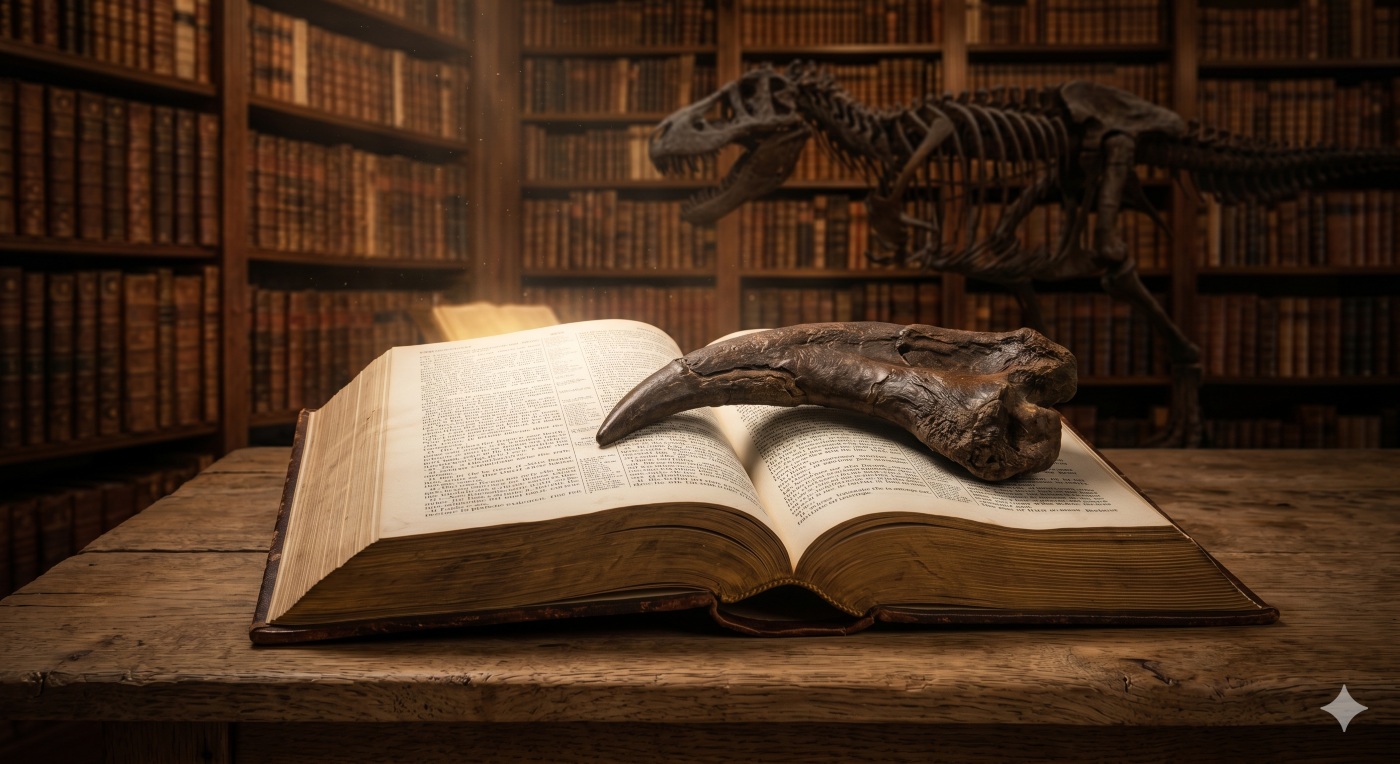 An ancient, open Bible resting on a wooden desk with a large fossilized T-Rex claw lying across its pages, while a dinosaur skeleton stands out of focus in the background library. An ancient, open Bible resting on a wooden desk with a large fossilized T-Rex claw lying across its pages, while a dinosaur skeleton stands out of focus in the background library.