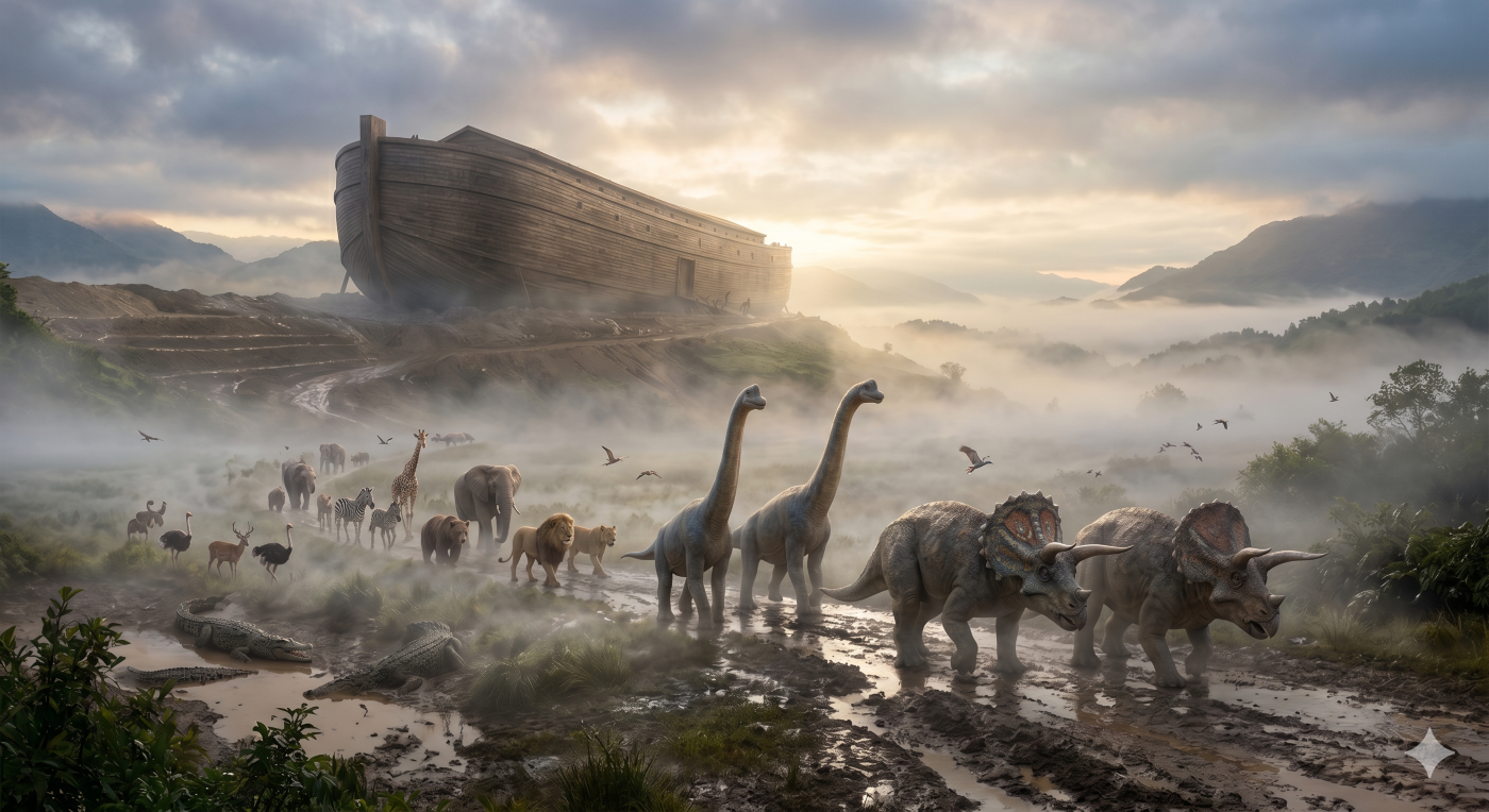 A panoramic view of Noah's Ark resting on a muddy hill as a procession of animals, including two young Brachiosauruses and two Triceratops, walks peacefully through the morning mist toward the vessel. A panoramic view of Noah's Ark resting on a muddy hill as a procession of animals, including two young Brachiosauruses and two Triceratops, walks peacefully through the morning mist toward the vessel.