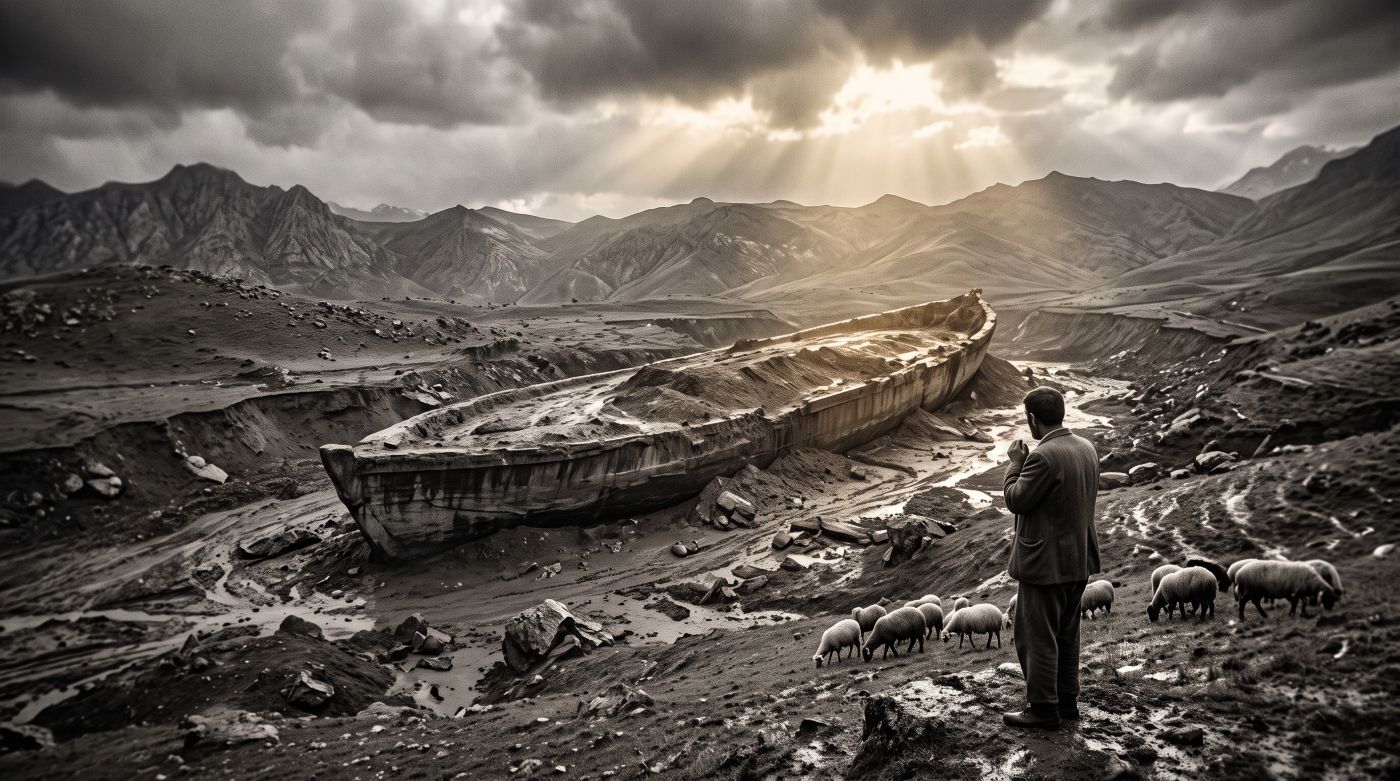 A dramatic historical view of the Durupınar formation in eastern Turkey, showing a massive boat-shaped earth mound newly exposed by heavy rain and seismic activity. In the foreground, a lone Kurdish shepherd in 1940s attire stands on a hill beside a small flock of sheep, gazing down in awe at the ancient vessel-like geological structure as shafts of sunlight break through storm clouds above.