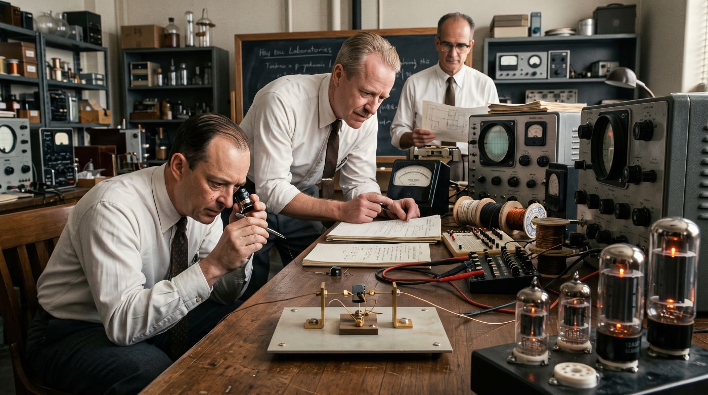 Three men in white shirts and ties are focused on an experimental setup in a vintage-style electronics laboratory. The man on the left uses a handheld viewer on a central brass and wire apparatus, while the man in the center looks on, pointing at a clean notebook. A third man observes from behind them holding diagrams. All text on the chalkboard, papers, and books has been removed, presenting clear surfaces. The table is filled with vacuum tubes, coils, oscilloscopes, and meters under warm light.