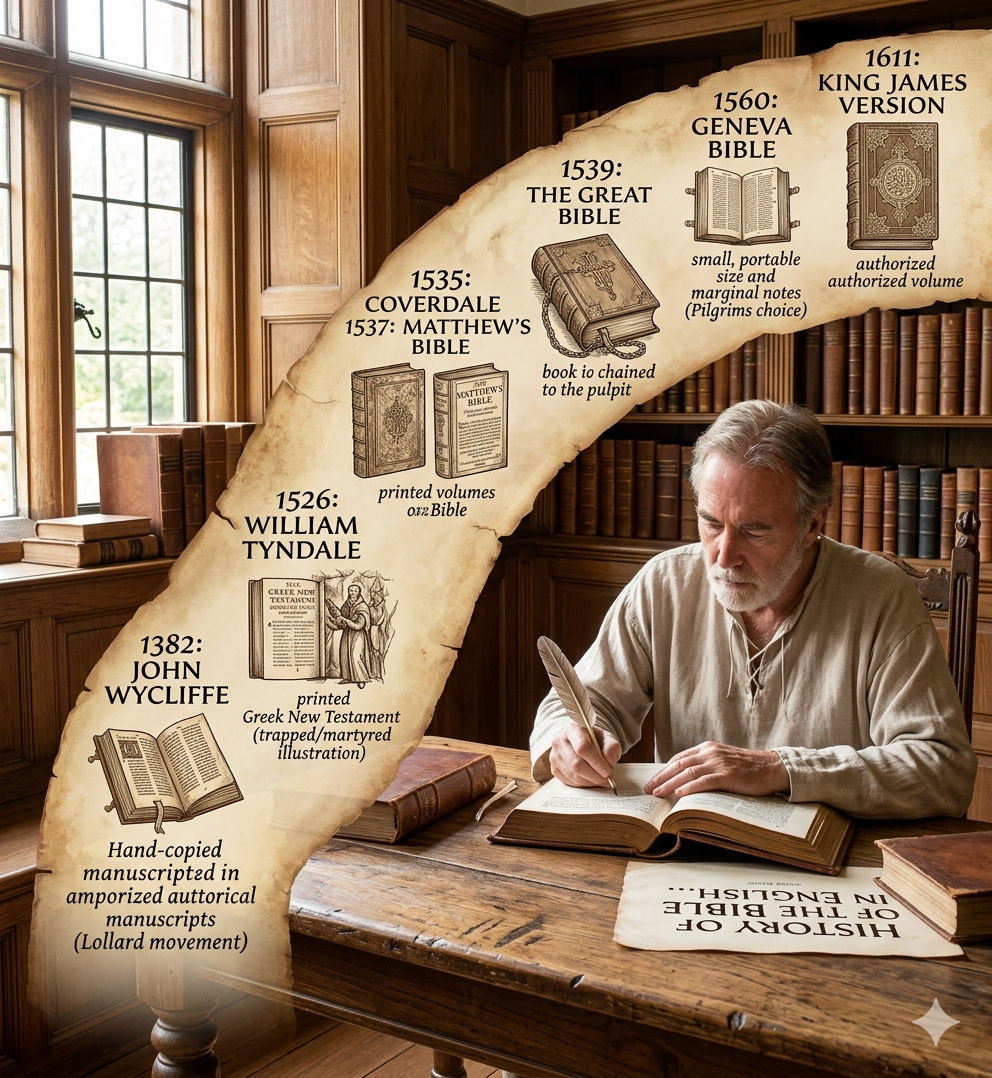 A composite image illustrating the timeline of major English Bible translations, starting with John Wycliffe in 1382, moving to William Tyndale in 1526, the Great Bible, the Geneva Bible, and culminating in the 1611 King James Version. It features historical portraits and open books from each era.