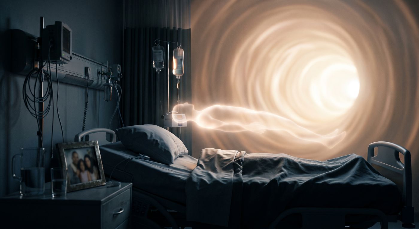 A dimly lit hospital room in cool shadow, featuring a patient bed beside a bedside table with a blurred picture frame. Floating gently above the bed is a translucent, glowing human silhouette, bathed in the soft, warm light radiating from a swirling tunnel in the background. A dimly lit hospital room in cool shadow, featuring a patient bed beside a bedside table with a blurred picture frame. Floating gently above the bed is a translucent, glowing human silhouette, bathed in the soft, warm light radiating from a swirling tunnel in the background.