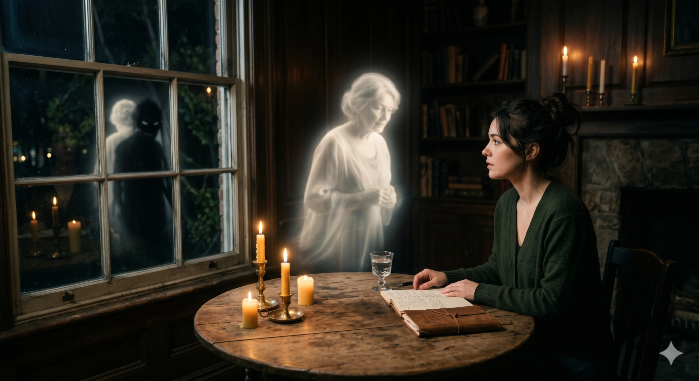 A woman at a candlelit table looks at a glowing spirit of an elderly woman, while the window reflection reveals the spirit's true identity as a dark, demonic entity.