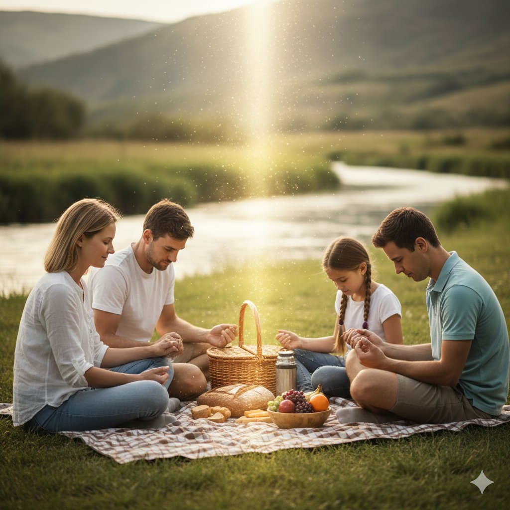 Christian family giving thanks and praying over a meal outdoors, symbolizing the peace and blessings found in the doctrine of grace