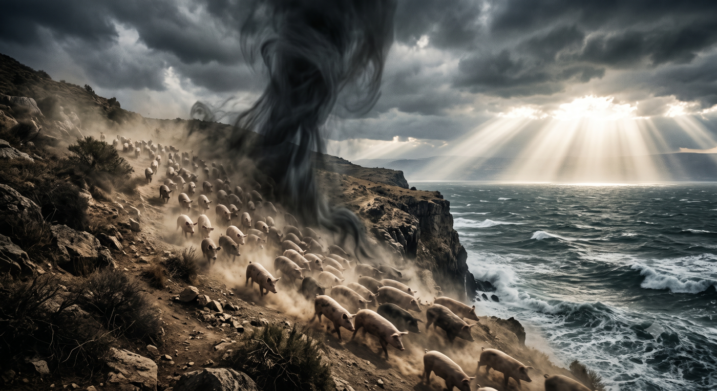 A dramatic and moody depiction of the biblical story of the Gadarene swine. A large herd of pigs is stampeding down a dry, rocky hillside in a great cloud of dust. In the background, a huge column of dark, black smoke forms a sort of dark vortex over the cliff edge. Beside it, dramatic sun rays break through dark, stormy clouds to illuminate a choppy, turbulent sea below. The scene is full of movement and dramatic lighting. A dramatic and moody depiction of the biblical story of the Gadarene swine. A large herd of pigs is stampeding down a dry, rocky hillside in a great cloud of dust. In the background, a huge column of dark, black smoke forms a sort of dark vortex over the cliff edge. Beside it, dramatic sun rays break through dark, stormy clouds to illuminate a choppy, turbulent sea below. The scene is full of movement and dramatic lighting.