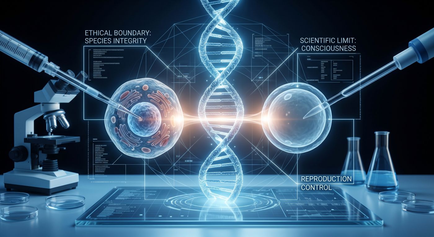 A futuristic, digital schematic illustration on a dark background showing the ethical considerations of genetic editing. On the left, a microscope and petri dishes surround a biological cell with a detailed nucleus and organelles, connected by light to a centralized blue glowing DNA double helix. A robotic arm and a large syringe are on the left; a second automated arm with a probe is on the right. Digital text labels with geometric boundaries overlay the scene: "ETHICAL BOUNDARY: SPECIES INTEGRITY" above the left cell, "SCIENTIFIC LIMIT: CONSCIOUSNESS" above the right empty cell, and "REPRODUCTION CONTROL" below the right cell. A glowing blue data table sits in the foreground. The illustration style uses bright blue and white light on a black backdrop with faint circuit grid lines. A futuristic, digital schematic illustration on a dark background showing the ethical considerations of genetic editing. On the left, a microscope and petri dishes surround a biological cell with a detailed nucleus and organelles, connected by light to a centralized blue glowing DNA double helix. A robotic arm and a large syringe are on the left; a second automated arm with a probe is on the right. Digital text labels with geometric boundaries overlay the scene: "ETHICAL BOUNDARY: SPECIES INTEGRITY" above the left cell, "SCIENTIFIC LIMIT: CONSCIOUSNESS" above the right empty cell, and "REPRODUCTION CONTROL" below the right cell. A glowing blue data table sits in the foreground. The illustration style uses bright blue and white light on a black backdrop with faint circuit grid lines.