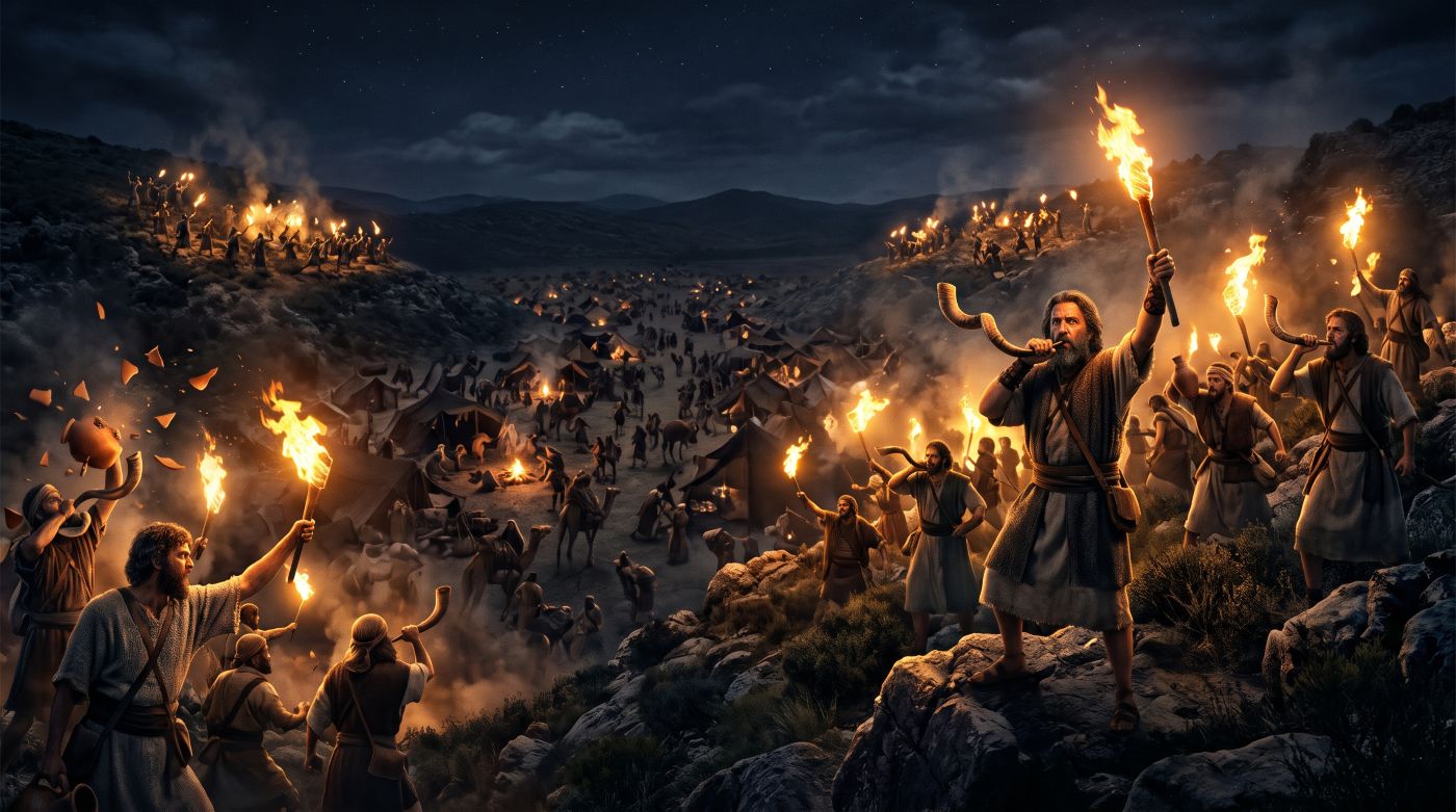 An epic night battle scene in the Valley of Jezreel featuring Gideon and his 300 warriors blowing ram's-horn trumpets and holding blazing torches on rocky hills, surrounding a chaotic Midianite camp filled with tents and fleeing soldiers. An epic night battle scene in the Valley of Jezreel featuring Gideon and his 300 warriors blowing ram's-horn trumpets and holding blazing torches on rocky hills, surrounding a chaotic Midianite camp filled with tents and fleeing soldiers.