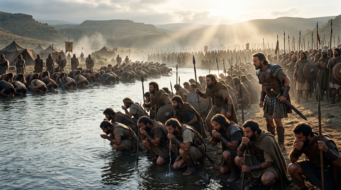 Gideon observing Israelite warriors at a river during sunrise, with 300 alert men scooping water to drink while others kneel with faces in the stream. Gideon observing Israelite warriors at a river during sunrise, with 300 alert men scooping water to drink while others kneel with faces in the stream.
