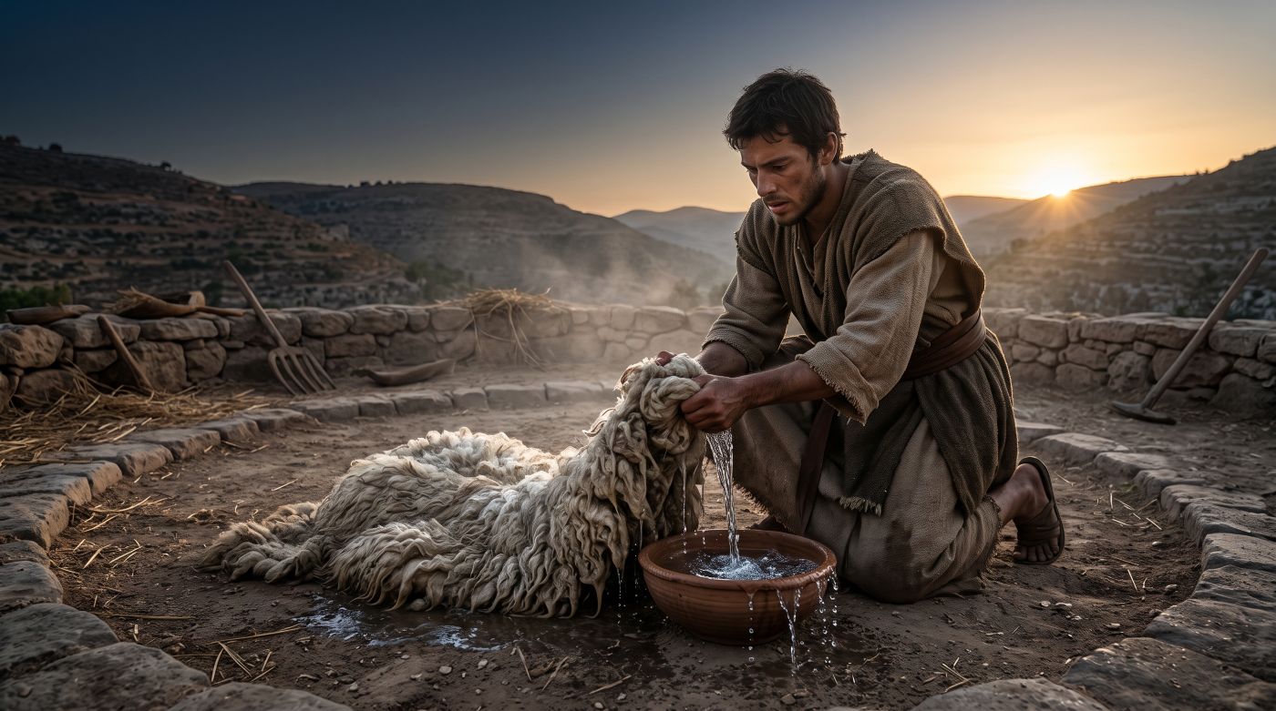 Young Gideon kneeling on a dry stone threshing floor at dawn, squeezing water from a wet wool fleece into a clay bowl. Young Gideon kneeling on a dry stone threshing floor at dawn, squeezing water from a wet wool fleece into a clay bowl.