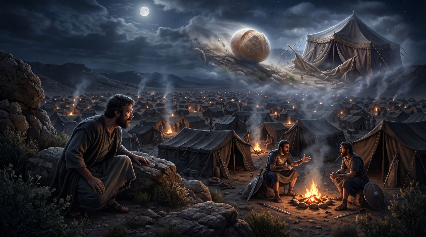 Gideon crouches in the shadows at night, listening to Midianite soldiers beside a campfire as a luminous vision of a rolling barley loaf knocking over a desert tent appears in the sky above their valley camp. Gideon crouches in the shadows at night, listening to Midianite soldiers beside a campfire as a luminous vision of a rolling barley loaf knocking over a desert tent appears in the sky above their valley camp.