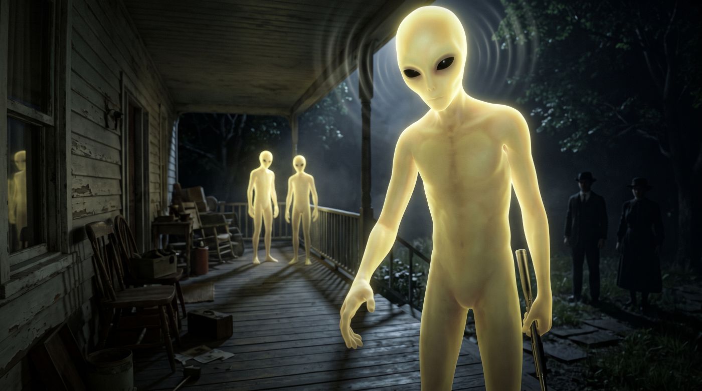 A dramatic nighttime scene from the low-angle perspective of a child standing on a dimly lit wooden verandah. A tall humanoid figure with softly glowing pale yellow skin and completely black eyes extends a hand forward while holding a metallic instrument. Subtle waves of light ripple around its head, suggesting telepathic communication. Two similar luminous figures stand farther down the porch, while two shadowy figures in dark, early 20th-century attire wait motionless in the misty yard under faint moonlight.