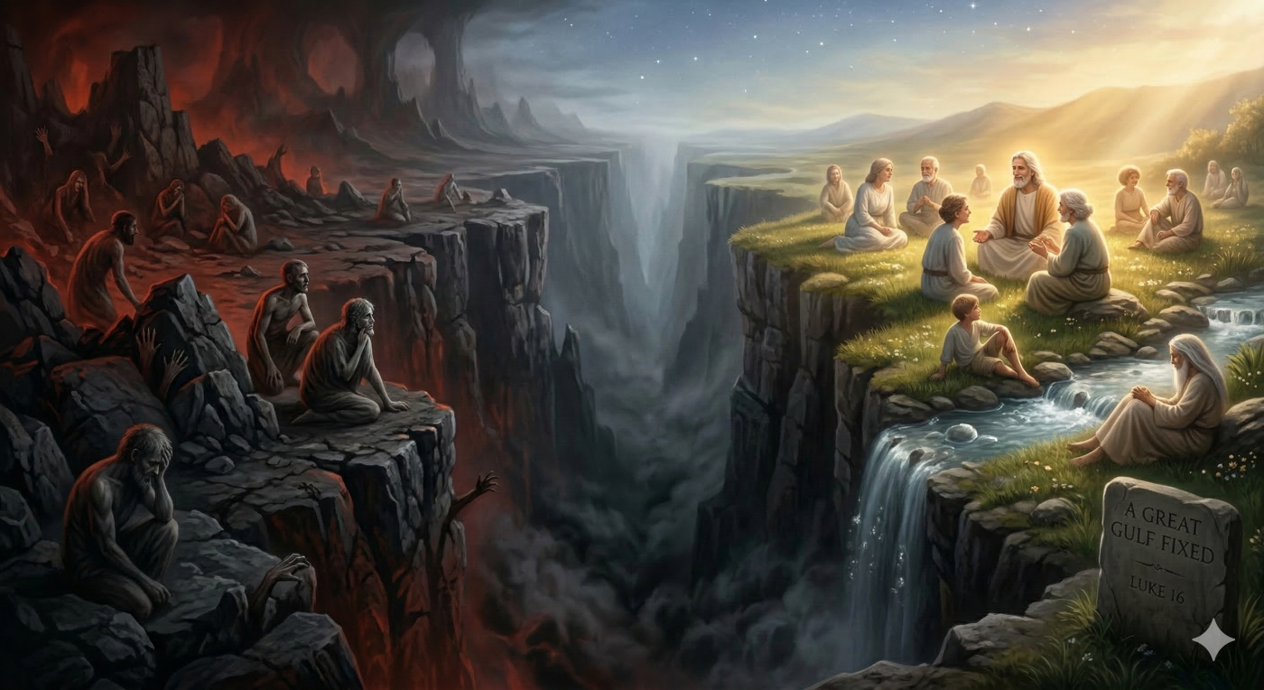 A vast, dark, smoky chasm splits a desolate, cavernous landscape. On one side, souls gather in warm, golden divine light, resting in comfort; on the other, souls are in fiery shadows and visible torment. This image represents the 'great gulf fixed' from the Biblical account in Luke 16, separating the regions of the afterlife.
