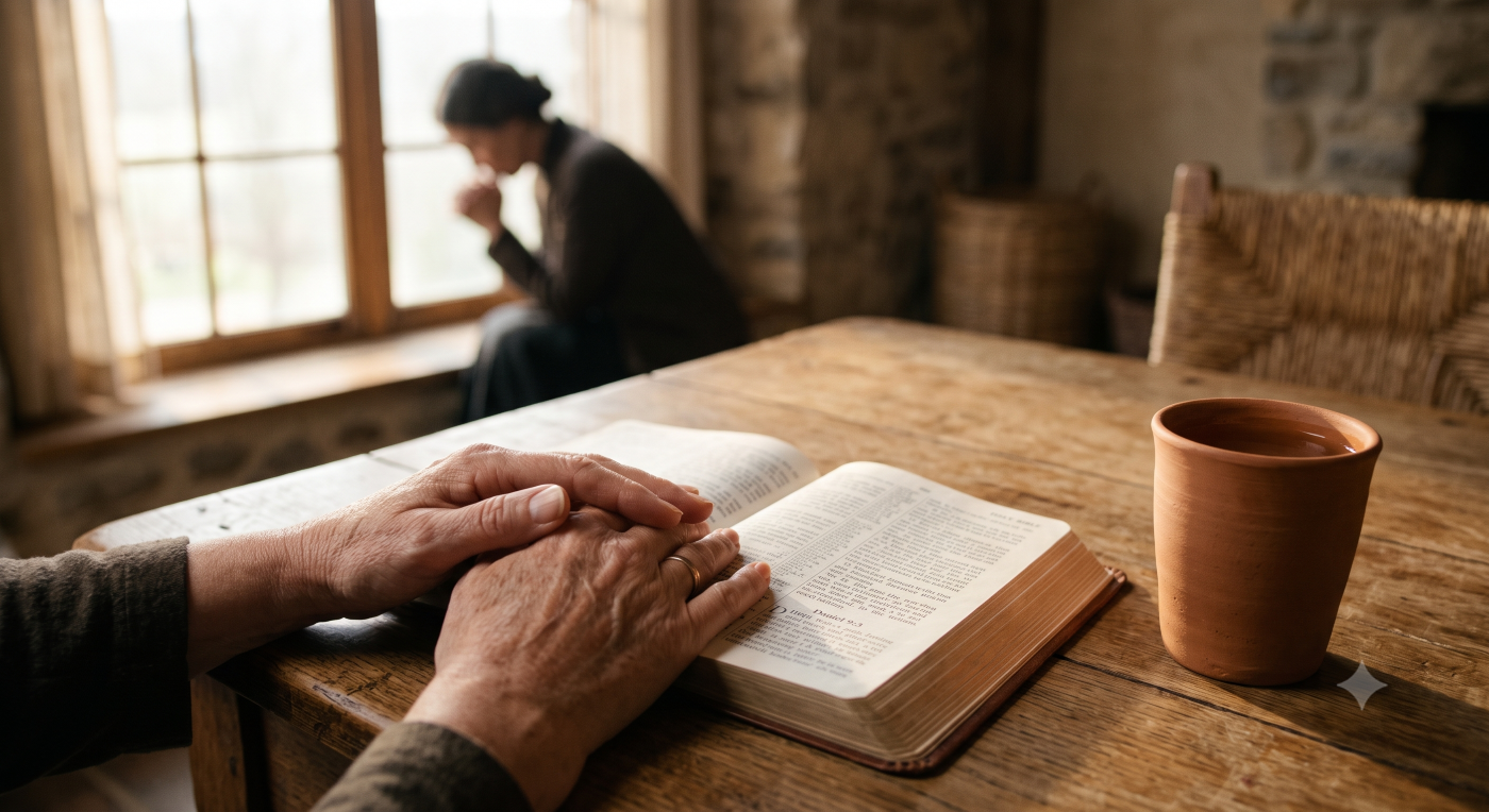 A close-up shot on a wooden table shows an open, aged Bible, with a person's wrinkled hands clasped over its pages. To the right is a simple earthenware cup. In the softly blurred background, a person sits in silhouette near a window with sunlight streaming in, in a pose suggesting contemplation or prayer. The setting is a rustic, stone-walled room. A close-up shot on a wooden table shows an open, aged Bible, with a person's wrinkled hands clasped over its pages. To the right is a simple earthenware cup. In the softly blurred background, a person sits in silhouette near a window with sunlight streaming in, in a pose suggesting contemplation or prayer. The setting is a rustic, stone-walled room.