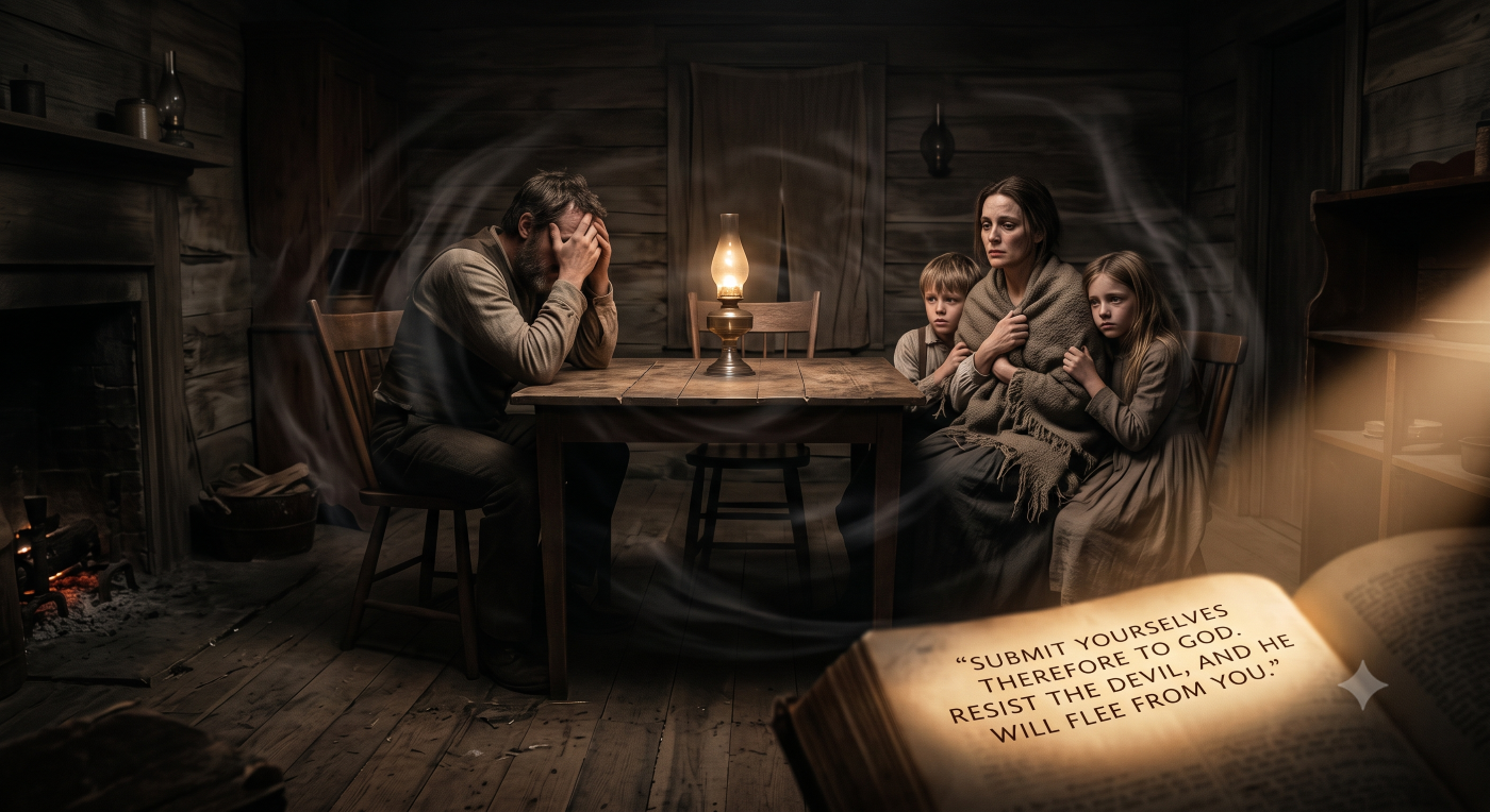 A dimly lit, haunted 19th-century farmhouse kitchen in Cleveland, Tennessee, where a distressed pioneer family of four (father with head in hands, mother and two children huddling) is surrounded by swirling, semi-transparent energy trails. In the foreground, an antique open Bible page is in sharp focus, with the lit text: '“SUBMIT YOURSELVES THEREFORE TO GOD. RESIST THE DEVIL, AND HE WILL FLEE FROM YOU. A dimly lit, haunted 19th-century farmhouse kitchen in Cleveland, Tennessee, where a distressed pioneer family of four (father with head in hands, mother and two children huddling) is surrounded by swirling, semi-transparent energy trails. In the foreground, an antique open Bible page is in sharp focus, with the lit text: '“SUBMIT YOURSELVES THEREFORE TO GOD. RESIST THE DEVIL, AND HE WILL FLEE FROM YOU.