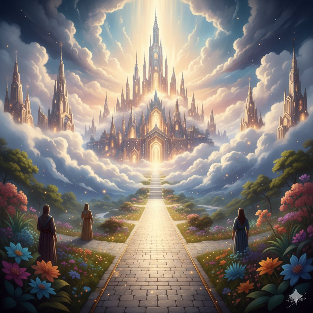 An artistic depiction of the incorruptible heavenly inheritance, showing the eternal city of God and the promise of perfect bliss for those who accept the doctrine of grace
