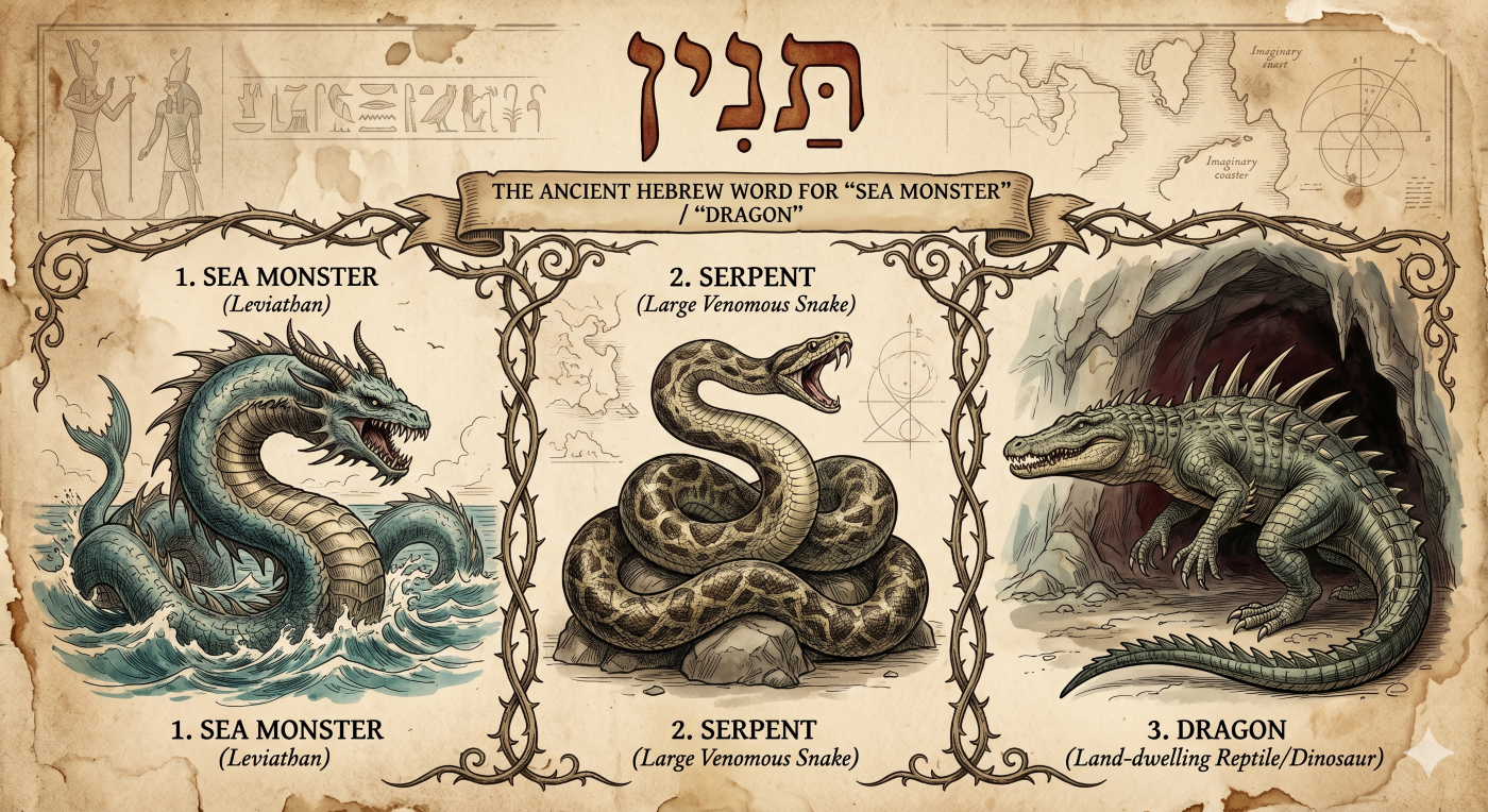 n educational vintage parchment chart displaying the Hebrew word Tannin and explaining its biblical translations with illustrations of a sea monster Leviathan, a large serpent, and a land-dwelling dragon or dinosaur n educational vintage parchment chart displaying the Hebrew word Tannin and explaining its biblical translations with illustrations of a sea monster Leviathan, a large serpent, and a land-dwelling dragon or dinosaur