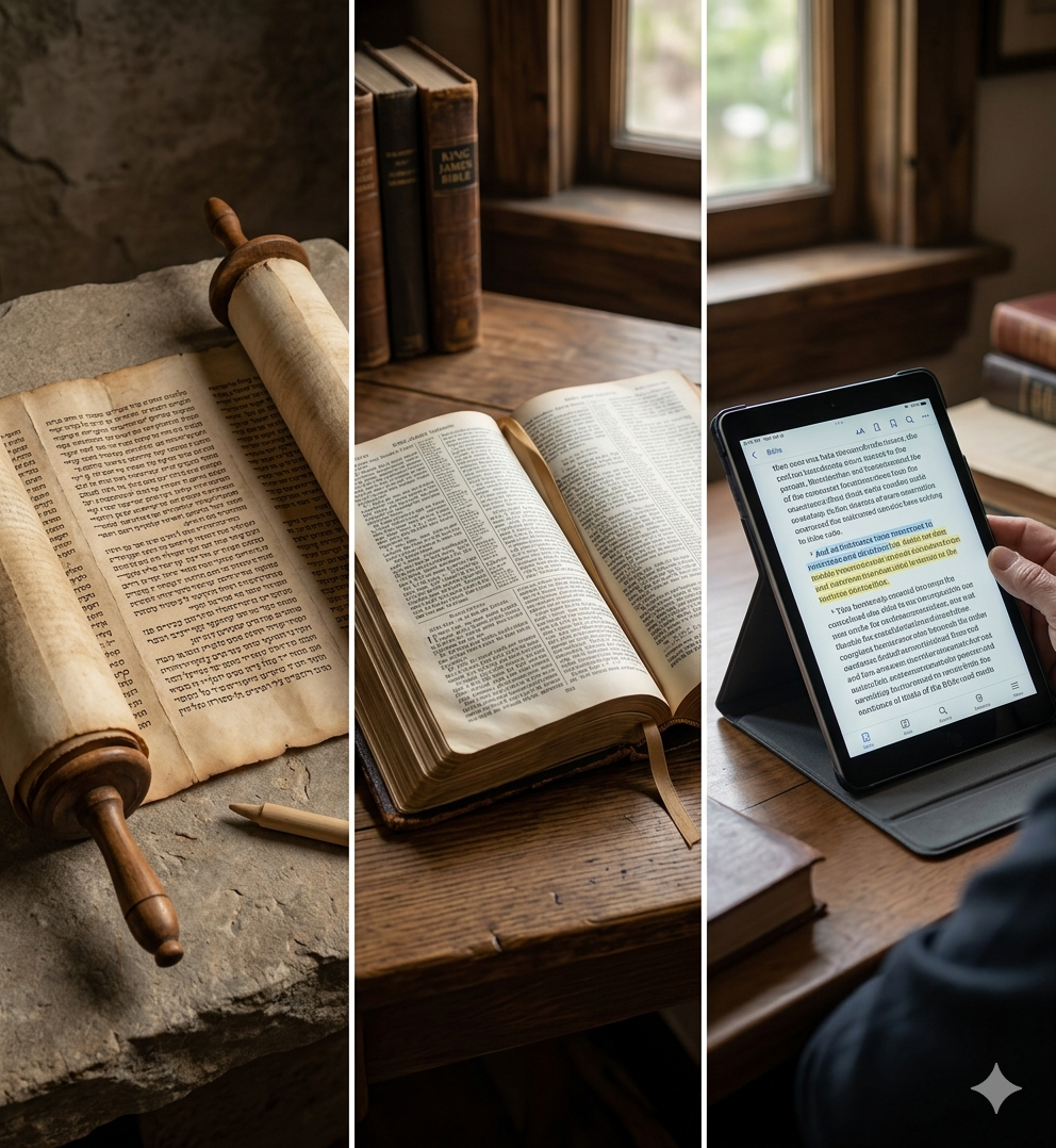 A three-part image showing the evolution and history of the Bible: an ancient Hebrew scroll on the left, a classic printed leather-bound Bible in the center, and a modern digital Bible on a tablet on the right.