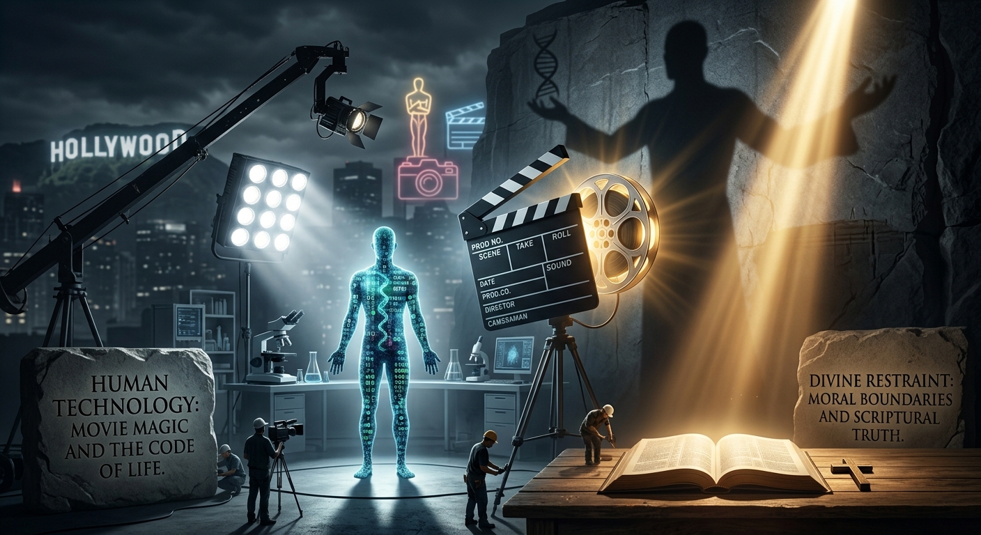A surreal, nighttime composite image illustrating the tension between film technology and moral responsibility. On the left, a cinematic production set with cranes and powerful spotlights illuminates a glowing digital human figure in a laboratory. Behind it is the Hollywood sign and neon icons of pop culture. To the right, a bright shaft of golden light shines down on an open Bible and a simple cross on a wooden table. A giant, shadowy silhouette of a man holding a DNA helix and film reels is cast upon the rock wall. Two stone tablets bear inscriptions: "HUMAN TECHNOLOGY: MOVIE MAGIC AND THE CODE OF LIFE" and "DIVINE RESTRAINT: MORAL BOUNDARIES AND SCRIPTURAL TRUTH. A surreal, nighttime composite image illustrating the tension between film technology and moral responsibility. On the left, a cinematic production set with cranes and powerful spotlights illuminates a glowing digital human figure in a laboratory. Behind it is the Hollywood sign and neon icons of pop culture. To the right, a bright shaft of golden light shines down on an open Bible and a simple cross on a wooden table. A giant, shadowy silhouette of a man holding a DNA helix and film reels is cast upon the rock wall. Two stone tablets bear inscriptions: "HUMAN TECHNOLOGY: MOVIE MAGIC AND THE CODE OF LIFE" and "DIVINE RESTRAINT: MORAL BOUNDARIES AND SCRIPTURAL TRUTH.