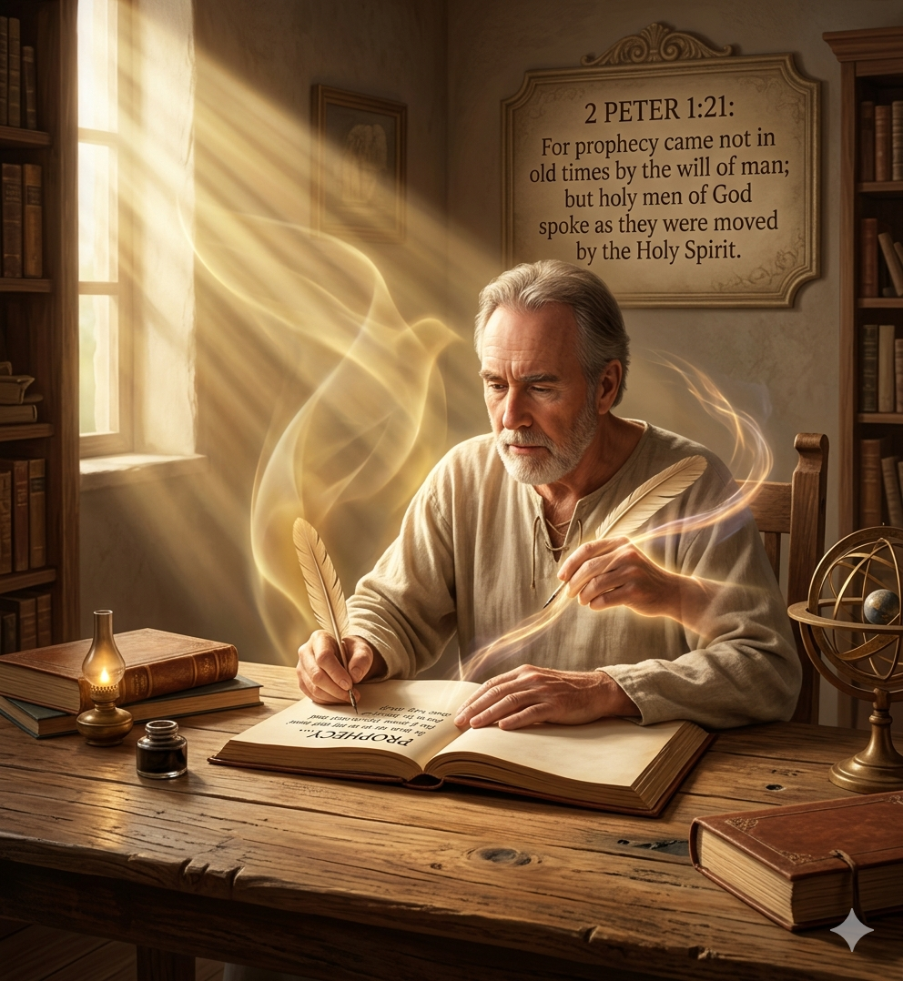 A scholarly man from ancient times writing in a large book by candlelight, with a glowing light from a window taking the shape of a dove—symbolizing the Holy Spirit—guiding his hand. A plaque on the wall displays the text of 2 Peter 1:21.