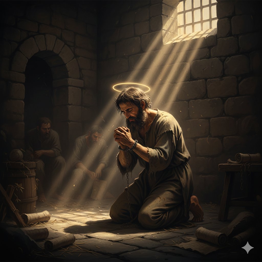 A dramatic depiction of the humble prayer and repentance of king manasseh, showing a king in tattered robes seeking God's mercy from a dark prison cell.