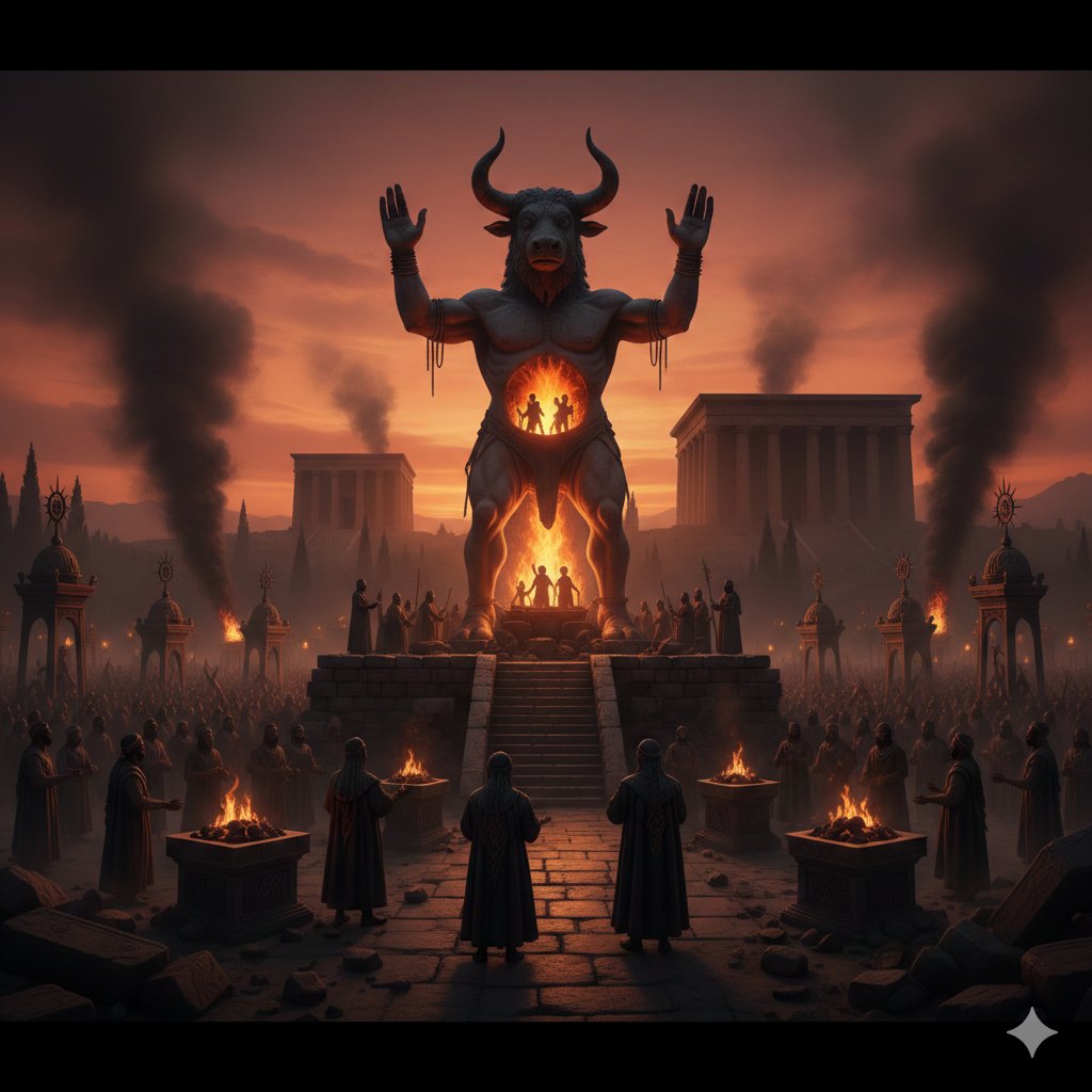 Ancient idolatry in Judah showing a pagan bull statue with sacrificial fires, illustrating the spiritual darkness before the repentance of king manasseh