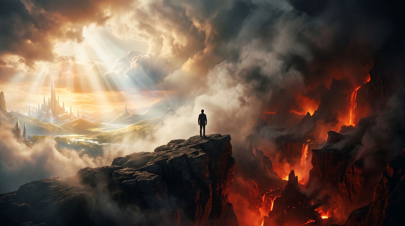 A lone human silhouette standing on a high cliff edge between a glowing heavenly realm with divine light rays and a dark fiery abyss with lava. A lone human silhouette standing on a high cliff edge between a glowing heavenly realm with divine light rays and a dark fiery abyss with lava.