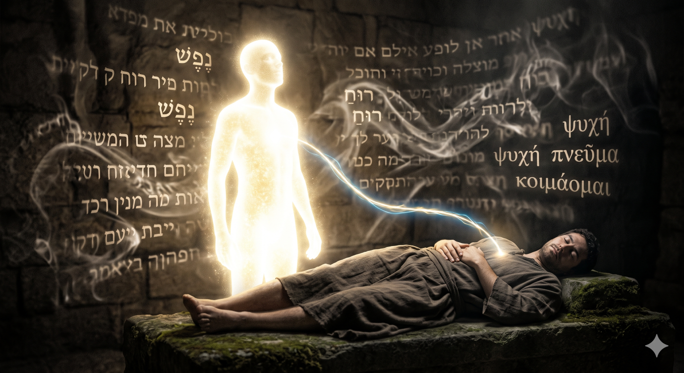 A glowing, conscious human soul standing fully awake next to its sleeping physical body, illustrating the biblical refutation of the soul sleep doctrine. A glowing, conscious human soul standing fully awake next to its sleeping physical body, illustrating the biblical refutation of the soul sleep doctrine.