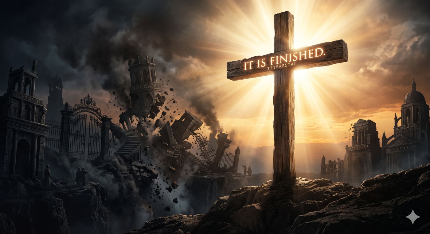 A radiant wooden cross illuminated by bright sunlight with the glowing words 'IT IS FINISHED,' while shadowy, man-made stone towers representing false afterlife doctrines crumble away into ruin in the background. A radiant wooden cross illuminated by bright sunlight with the glowing words 'IT IS FINISHED,' while shadowy, man-made stone towers representing false afterlife doctrines crumble away into ruin in the background.
