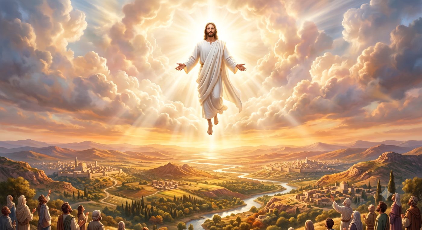 An artistic illustration of Jesus Christ ascending into heaven while floating above a group of onlookers. He is surrounded by a brilliant burst of divine light, soft clouds, and a golden sunset. In the distance is a sprawling valley with an ancient-style city and a river. The overall style is classic and celestial.