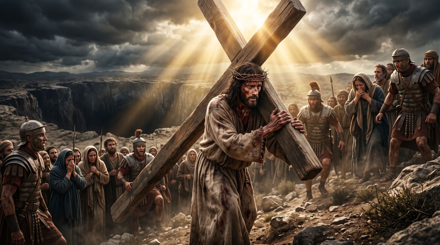 Ultra-realistic depiction of Jesus carrying a heavy wooden cross toward Calvary under dramatic storm clouds, surrounded by powerful rays of golden light with a dark chasm in the background. Ultra-realistic depiction of Jesus carrying a heavy wooden cross toward Calvary under dramatic storm clouds, surrounded by powerful rays of golden light with a dark chasm in the background.