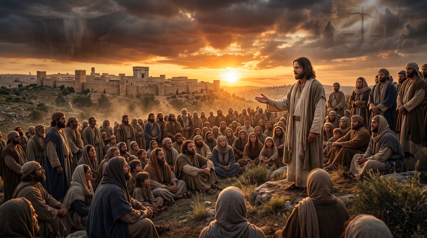 Jesus standing on a rocky hillside at sunset teaching an attentive crowd, with ancient Jerusalem in the background and subtle symbolic imagery in the dark clouds above. Jesus standing on a rocky hillside at sunset teaching an attentive crowd, with ancient Jerusalem in the background and subtle symbolic imagery in the dark clouds above.