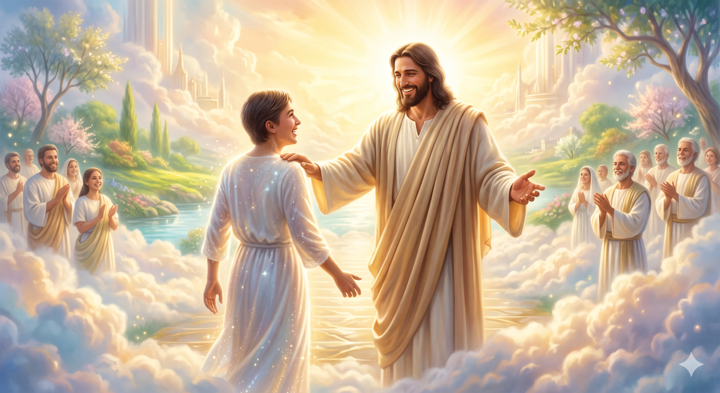 A joyful depiction of Jesus welcoming a newly arrived human soul into the glowing light of Paradise immediately after death, illustrating the moment they are "present with the Lord A joyful depiction of Jesus welcoming a newly arrived human soul into the glowing light of Paradise immediately after death, illustrating the moment they are "present with the Lord